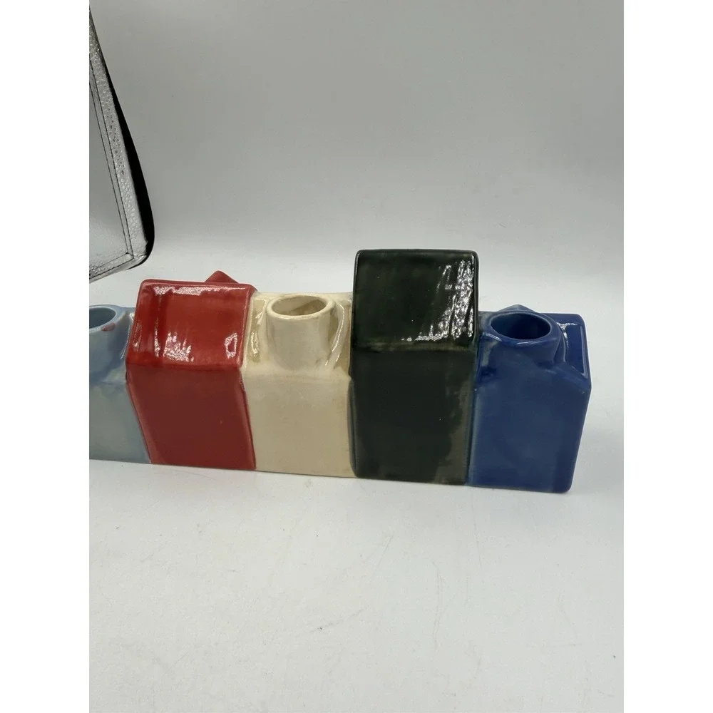 NWT Re White Blue Ceramic Candle Holder Row of Houses 9